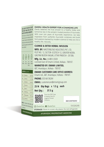 Zandu Cleanse & Detox Herbal Infusion: Use This Tea Bag To Give Your Body The Gift Of Good Health |Helps Improve Skin Glow & Detoxifies The Body (25 Tea Bags), Green Tea, 90 Gram
