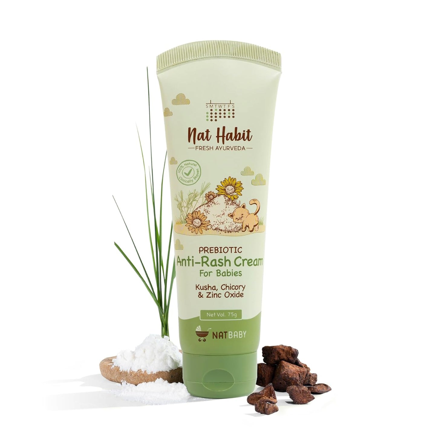 Nat Habit Diaper Rash Cream for Baby with Kusha, Coconut Oil & Zinc Oxide | Anti Rash Cream for Newborns & Infants | Soothes, Heals & Protects | Natural, Chemical-Free Baby Rash Cream, 75g