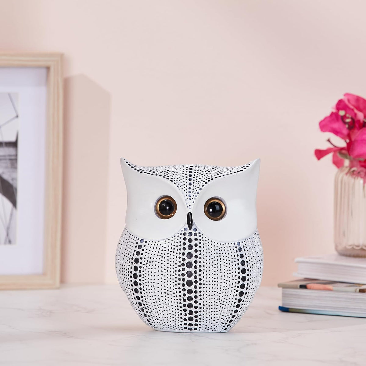 Modern Classy Happy Owl Resin Art Figure Showpiece (White), 13 x 6.5 cm