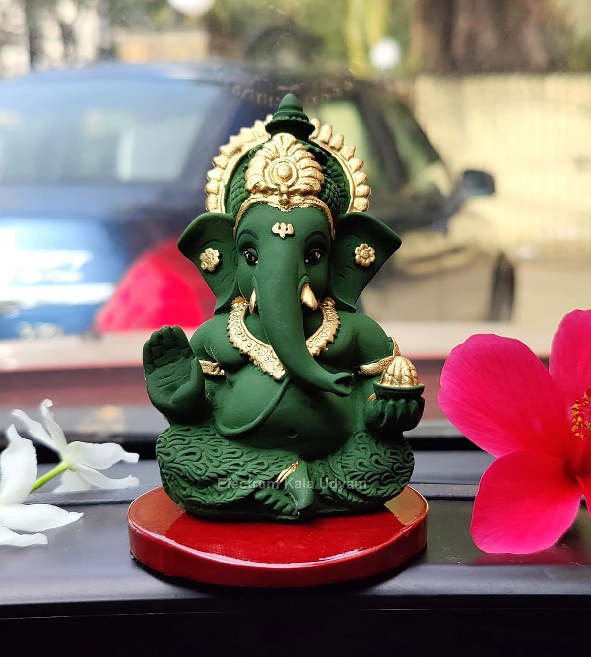 Handcrafted Poly Resin Ganesha Statue with Base - Perfect for Car Dashboard, Office Desk, Shelves, and Home Decor - Ideal Housewarming Gift! (ForestGreenMukut)