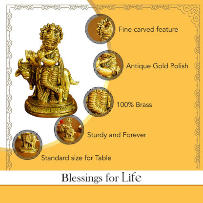 100% Pure Brass Lord Krishna Idol with Flute (9 cm) | Shree Lord Krishna Statue for Home Decor | Kanha Ji ki Murti for Office Desk | Sri Krishna Idols Gift for House Warming