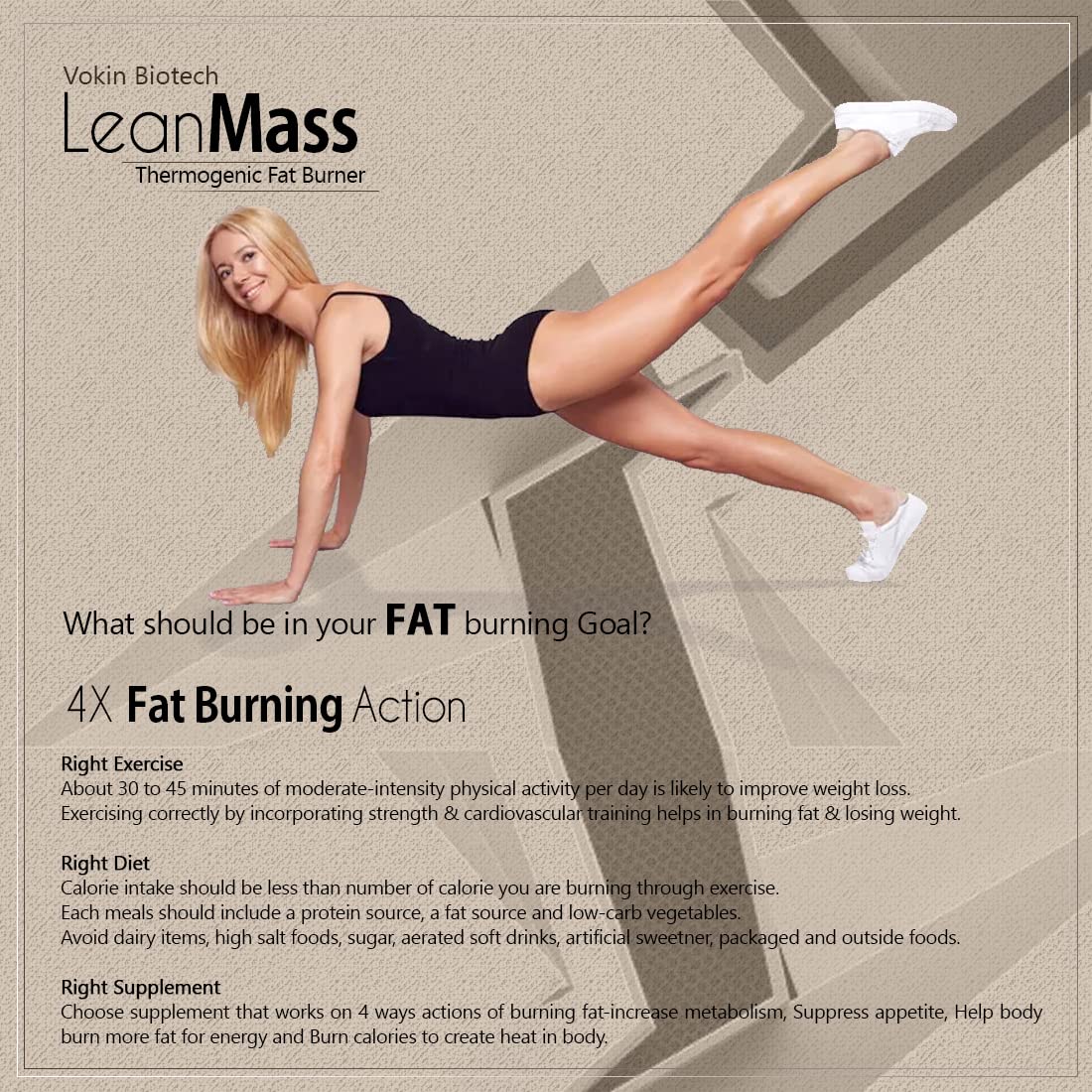 Advertisement for LeanMass thermogenic fat burner with a woman in a black sports bra and shorts posing.