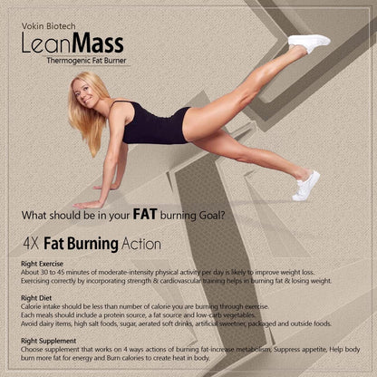 Advertisement for LeanMass thermogenic fat burner with a woman in a black sports bra and shorts posing.