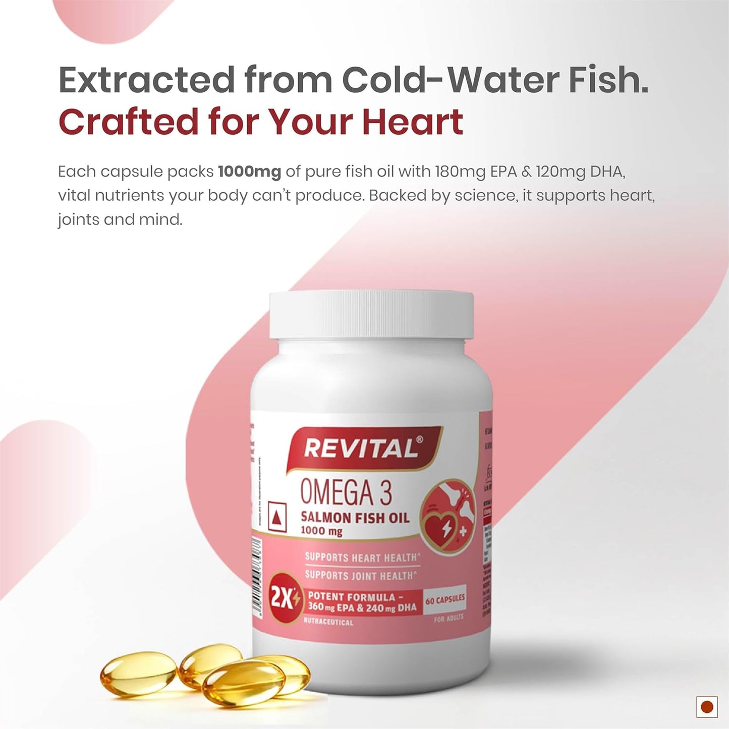 Revital Omega 3 Salmon Fish Oil 1000mg Capsules with EPA 180mg & DHA 120mg | Triglyceride Form | Supports Heart, Joint & Brain Health | Vitamin E Enriched | No Fishy Burps | 60 Capsules | Heavy Metal Tested