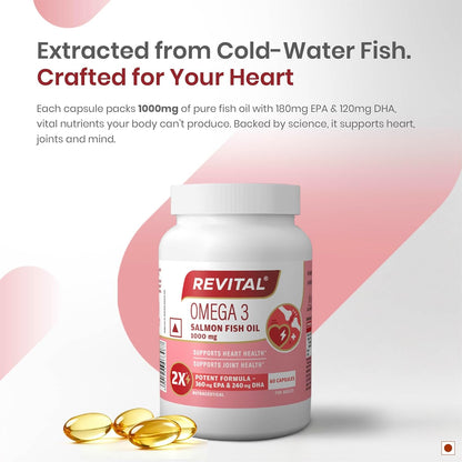 Revital Omega 3 Salmon Fish Oil 1000mg Capsules with EPA 180mg & DHA 120mg | Triglyceride Form | Supports Heart, Joint & Brain Health | Vitamin E Enriched | No Fishy Burps | 60 Capsules | Heavy Metal Tested