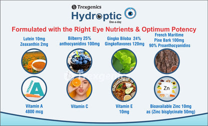 Trexgenics® HYDROPTIC Advanced Dry Eyes & Eye Care One-a-day Vegetarian formula with Lutein, Zeaxanthin, Bilberry, Gingko, Pine Bark, Vitamin C, Zinc &Vitamin A (30 Vcaps) (1)
