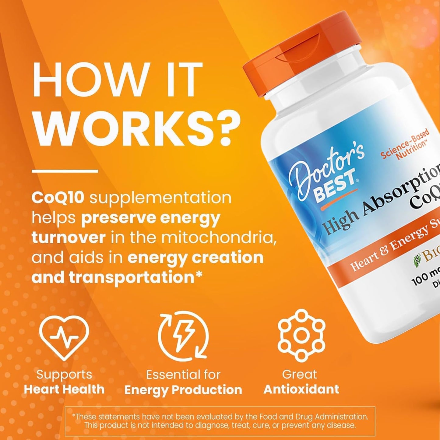 Advertisement for Doctor's Best CoQ10 supplement on an orange background with text explaining its benefits.