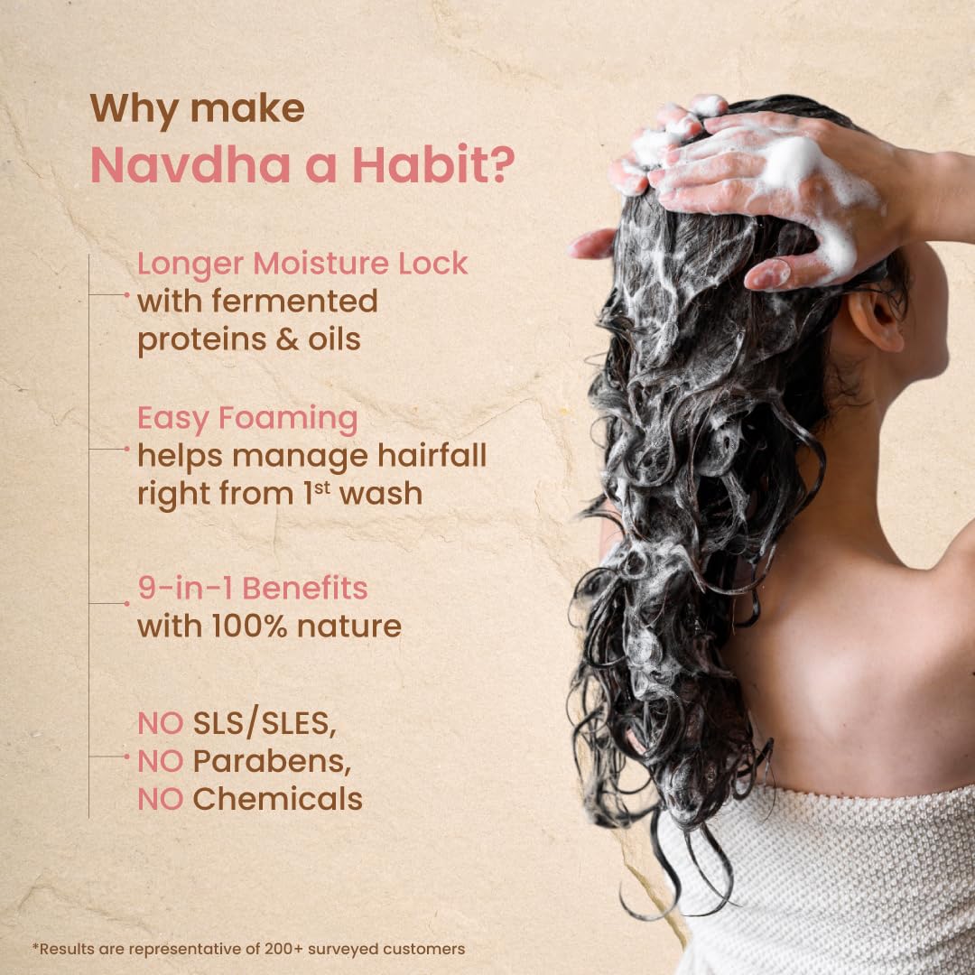 Person applying shampoo to hair with text highlighting Navdha shampoo benefits on a beige background