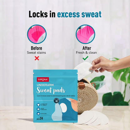 Sirona underarm sweat pads packaging with a hand holding a bag, showing before and after effects on sweat stains.