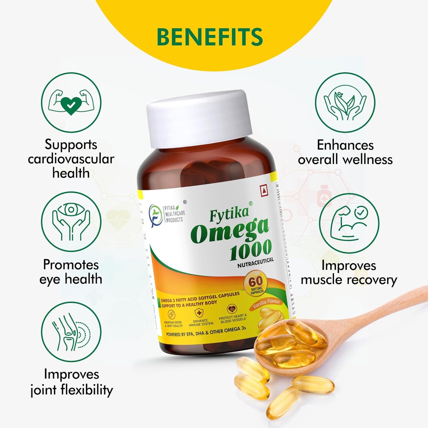 Fytika Omega 1000 supplement bottle with benefits listed on a white background