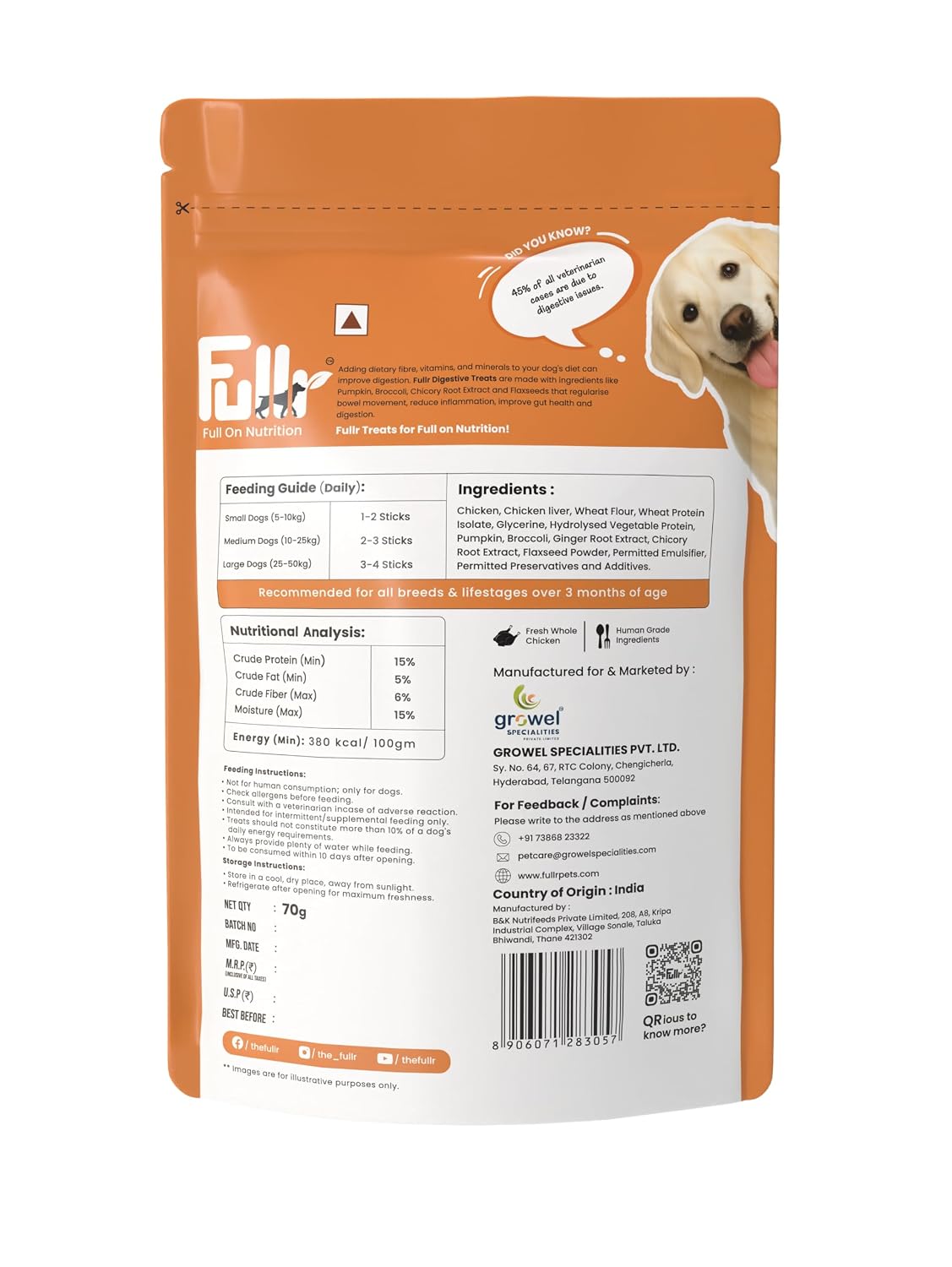 Fullr Digestive Care Dog Treats | Soft & Chewy Sticks with Pumpkin & Spinach | Supports Digestion, Gut Health & Immunity | Healthy Dog Treats for All Breeds & All Life Stages,70g
