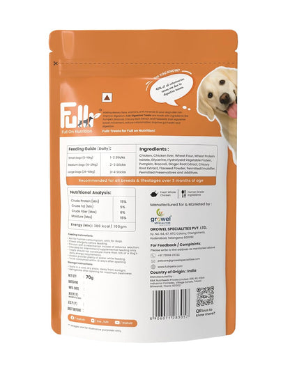Fullr Digestive Care Dog Treats | Soft & Chewy Sticks with Pumpkin & Spinach | Supports Digestion, Gut Health & Immunity | Healthy Dog Treats for All Breeds & All Life Stages,70g