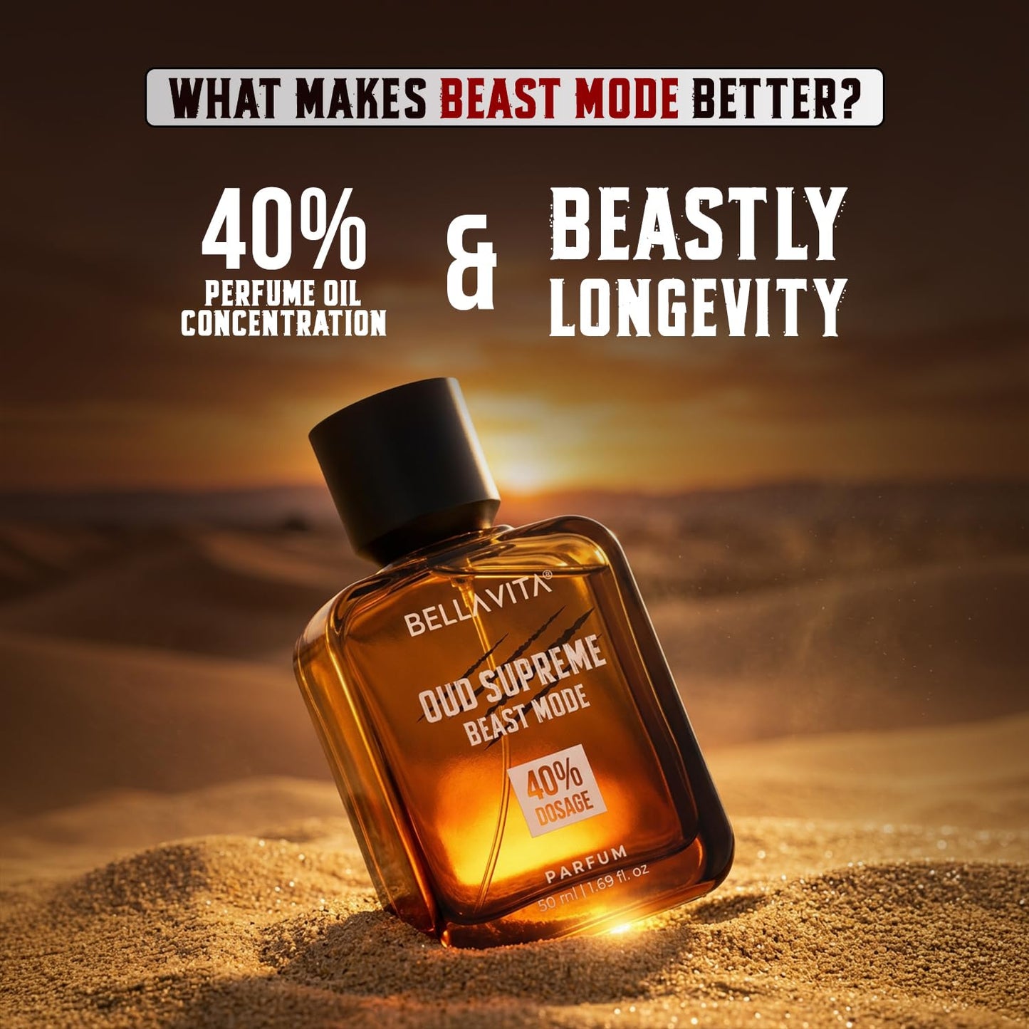 Bottle of Bellavita Oud Supreme Beast Mode perfume in sand with promotional text.