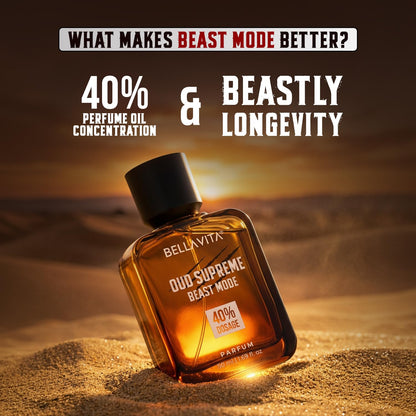 Bottle of Bellavita Oud Supreme Beast Mode perfume in sand with promotional text.