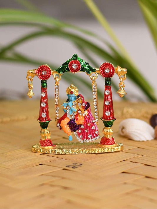 Radha Krishna Idol on Jhula Metal Statue for Car Dashboard | Mandir Pooja Murti | Temple Puja | Home Decor | Office Showpiece Diwali Gifts.