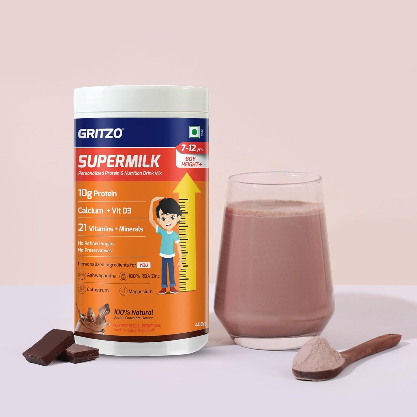 Gritzo SuperMilk Height+ (7-12y Boys), 10g Protein Powder (Double Chocolate, 400g) | Zero Refined Sugar, 21 Vitamins & Minerals