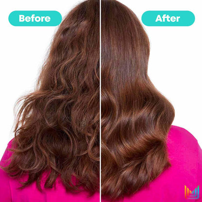 Before and after comparison of wavy hair with a pink shirt background