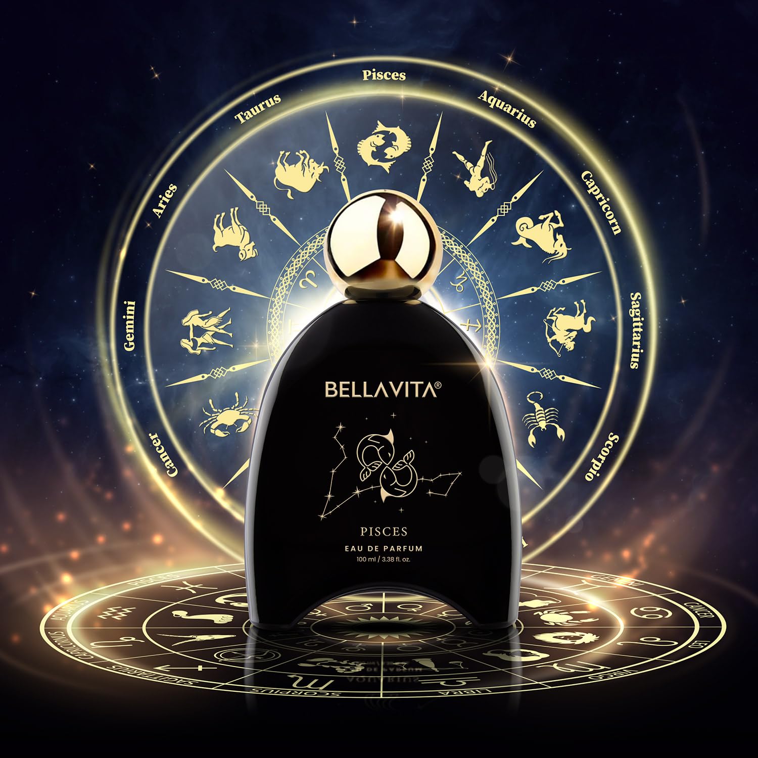 Bottle of Bellavita Pisces Eau de Parfum with zodiac design in the background
