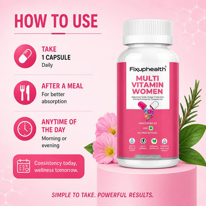Fixuphealth Multivitamin Capsules for Women | Multivitamin with Probiotics, Omega 3, Evening Primrose Oil, Vitamins C, B12, Magnesium & Zinc | Immunity, Energy & Daily Wellness Support | 60 Capsules