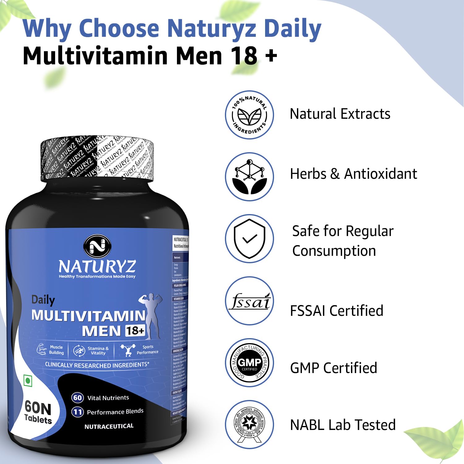 Naturyz Daily Multivitamin Men 18+ supplement bottle with certification logos on a white background