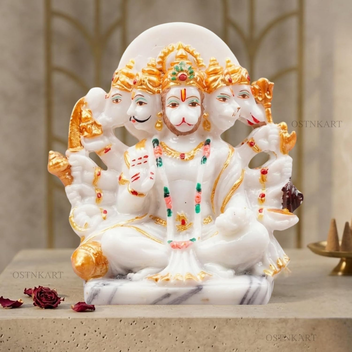 Resin Hanuman Ji Murti Panchmukhi Hanuman for Door Entrance Temple Home & Office Decor Living Room Decoration Gift for New House Warming ceramony, 12.7 x 6.3 Cm, Marble White