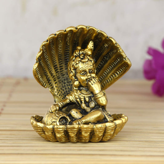'Golden Bal Gopal Krishna Having Makhan' Decorative Showpiece (Metal, 8 cm x 9 cm, Golden, AGK507)