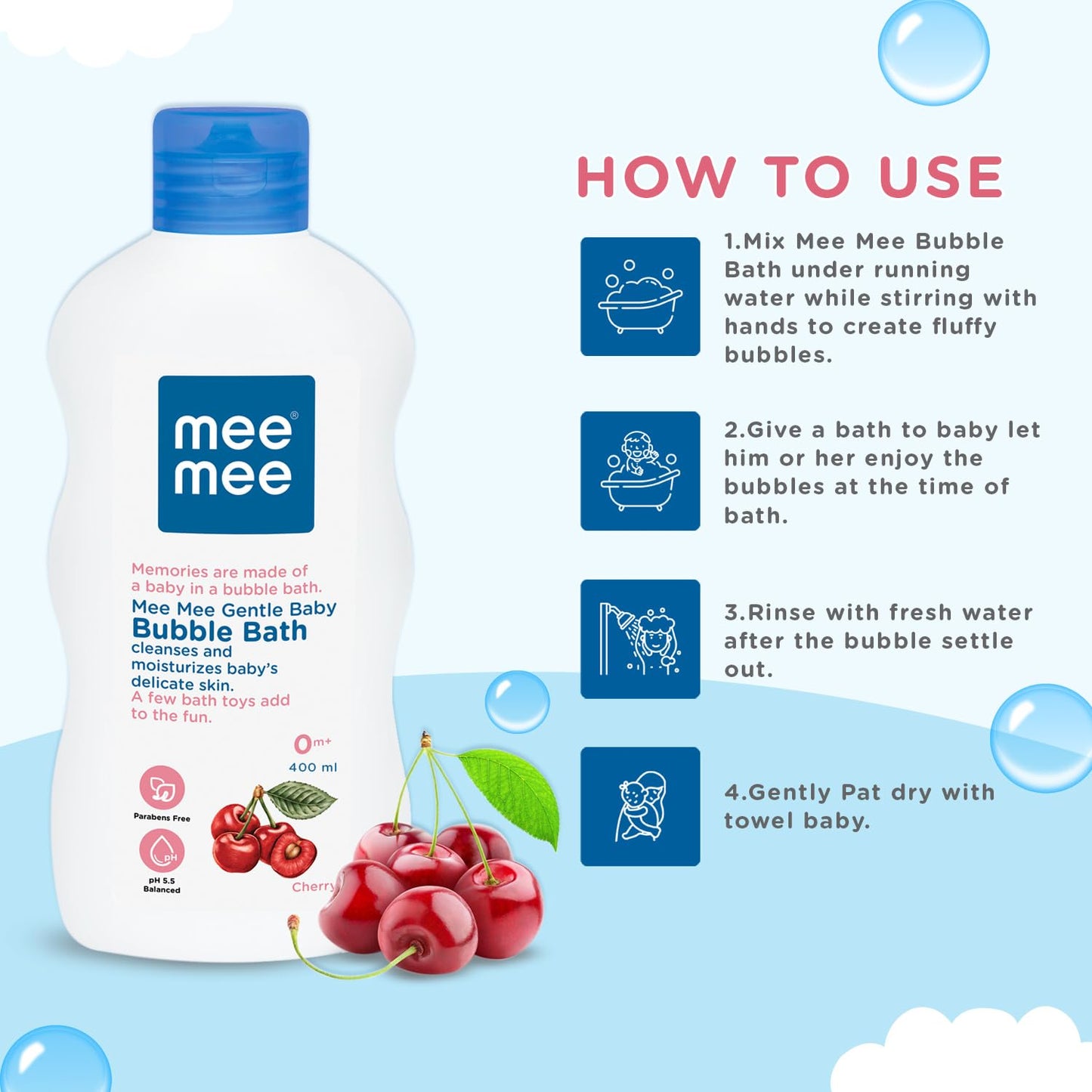 Mee Mee Baby Body Wash 400ml with Cherry & Fruit Extracts | Tear-Free, Mild & Moisturizing Formula |Paraben-Free, Dermatologically Tested, pH Balanced |Gentle Head-to-Toe Bubble Bath for All SkinTypes