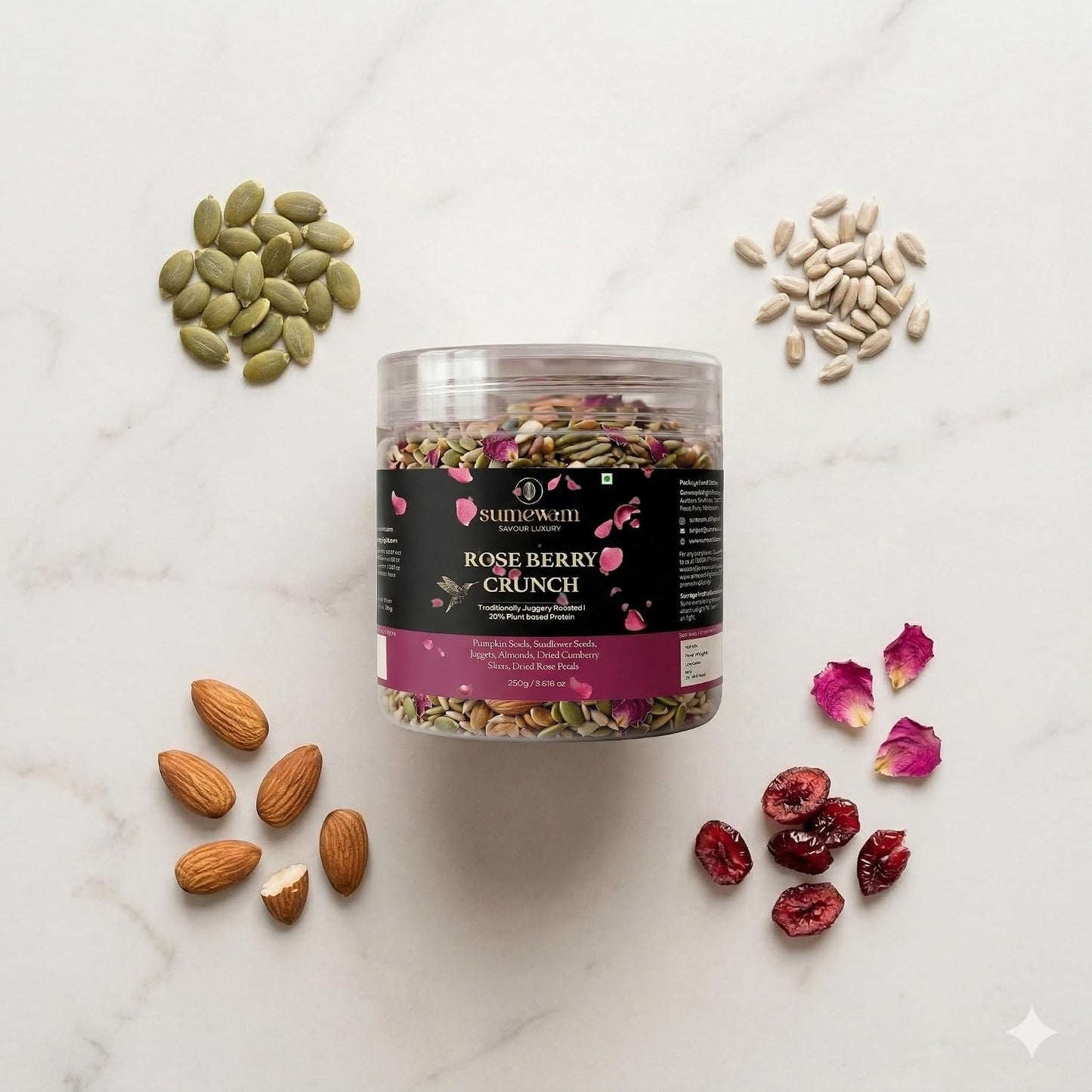 Sumewam Jaggery Roasted Seed/Trail Mix 250gm For Eating - Rose Berry Crunch, Roasted Pumpkin Seeds, Sunflower Seeds & Berries Mix with Jaggery, Almonds & Dried Rose Petals, High Plant Protein Healthy Snack