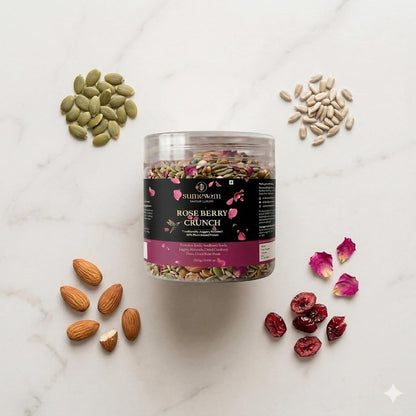 Sumewam Jaggery Roasted Seed/Trail Mix 250gm For Eating - Rose Berry Crunch, Roasted Pumpkin Seeds, Sunflower Seeds & Berries Mix with Jaggery, Almonds & Dried Rose Petals, High Plant Protein Healthy Snack