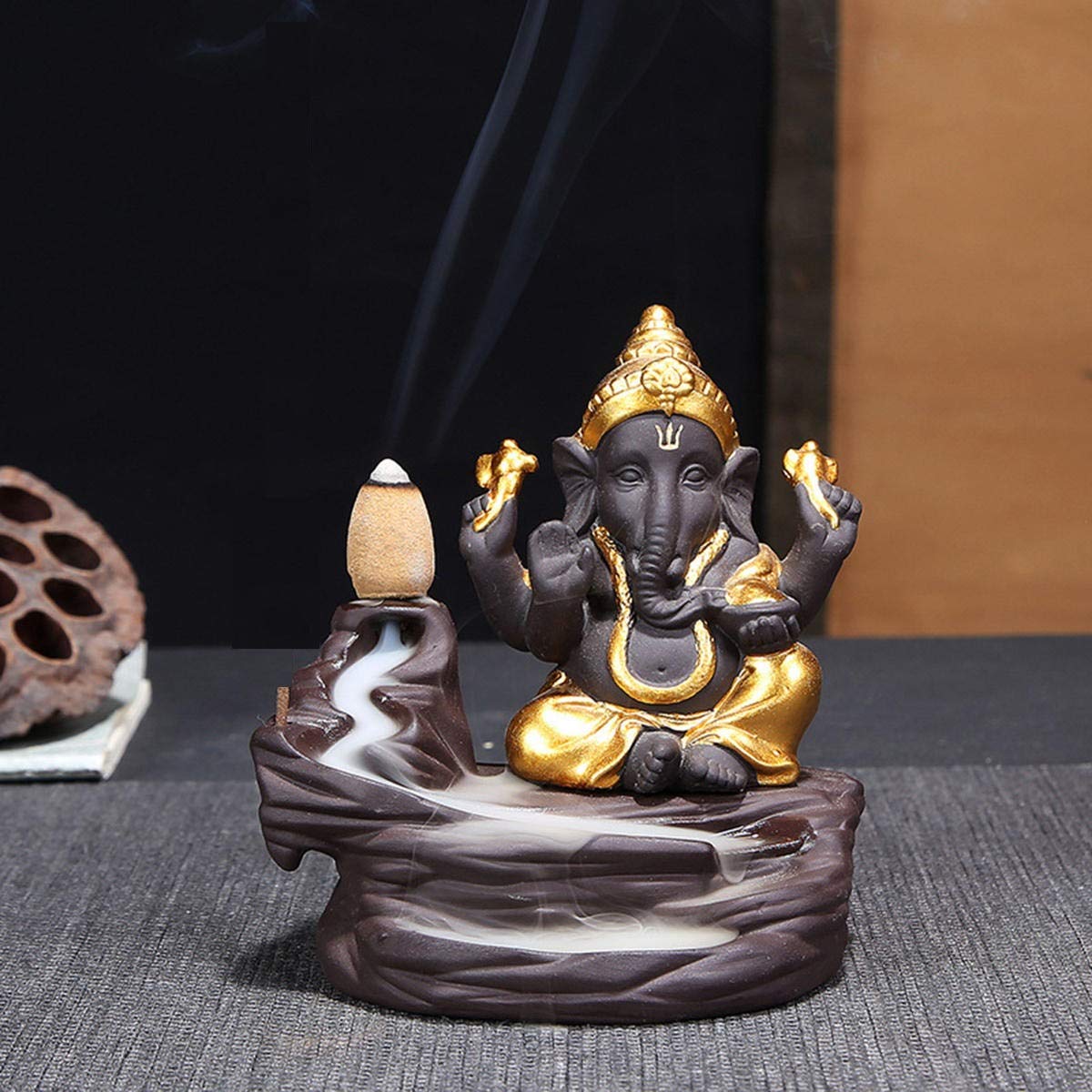 Lord Ganesh Backflow Incense Holder | Ganpati Bappa Smoke Fountain with 10 Free Cones | Spiritual Showpiece for Pooja Mandir, Home Temple, Office Table & Decorative Gift Golden