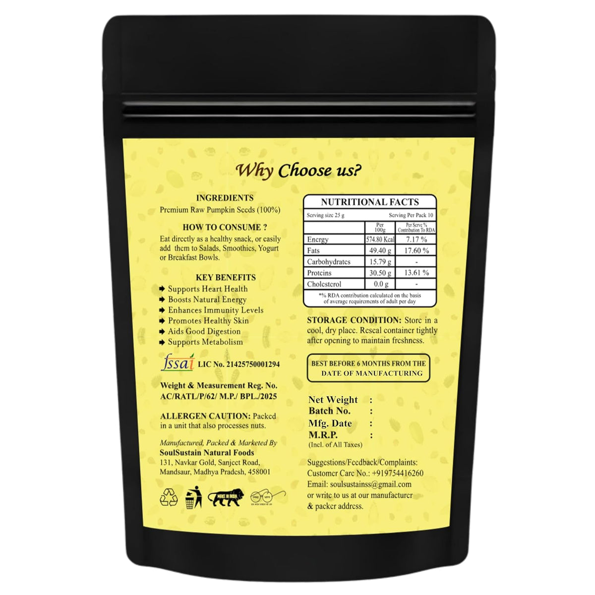 SoulSustain Pumpkin Seeds| Raw Pumpkin Seeds | Edible Seeds for Daily Nutrition | Plant Based Protein | Roasted Snack, Smoothies, Baking, Salads, Keto & Vegan Diet