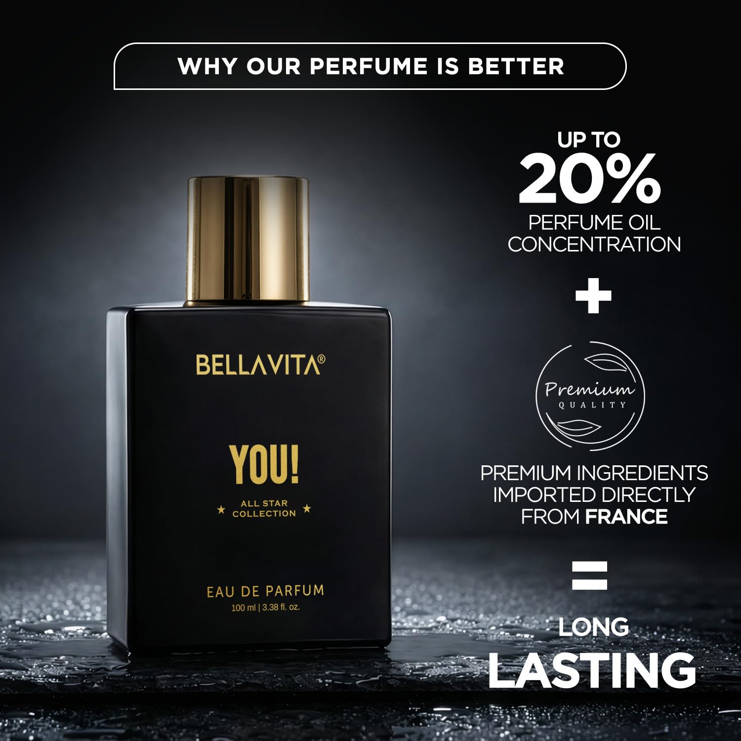 Bellavita perfume bottle with promotional text on a dark background