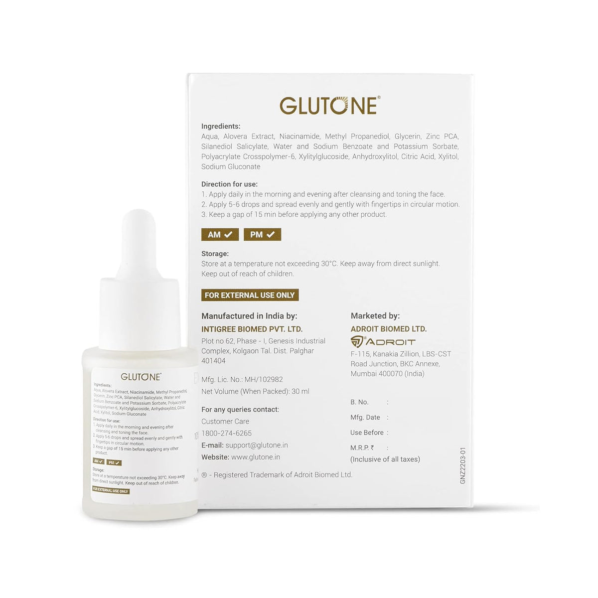 Glutone skincare product packaging with ingredients and usage instructions on a white background