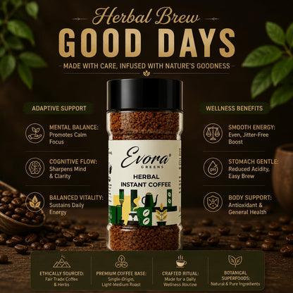 Evora Greens Herbal Instant Coffee | Arabica & Robusta Blend with Functional Herbs | Smooth Strong Taste | Hot & Black Coffee | Makes ~50 Cups | 100g Glass Jar