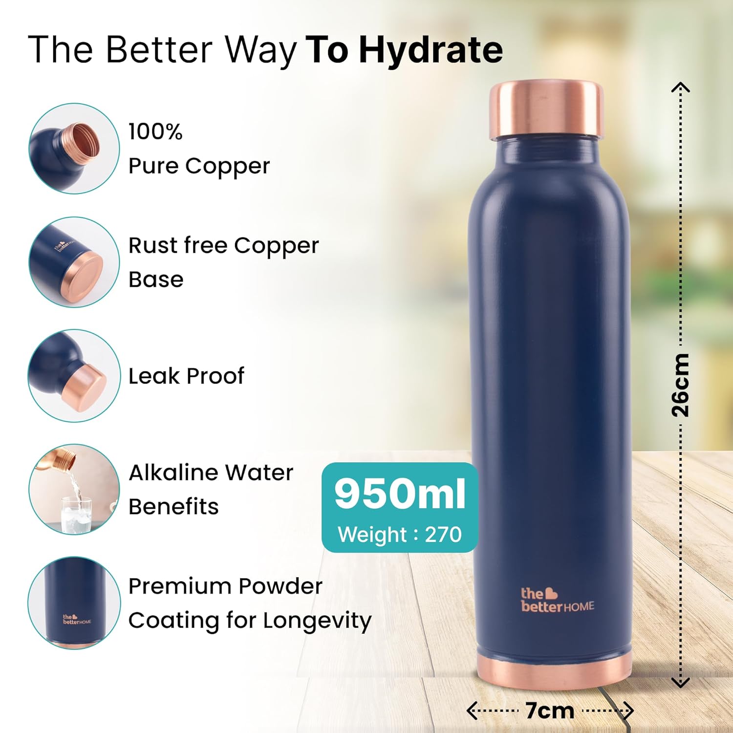 Blue copper-infused water bottle with features listed on a blurred background