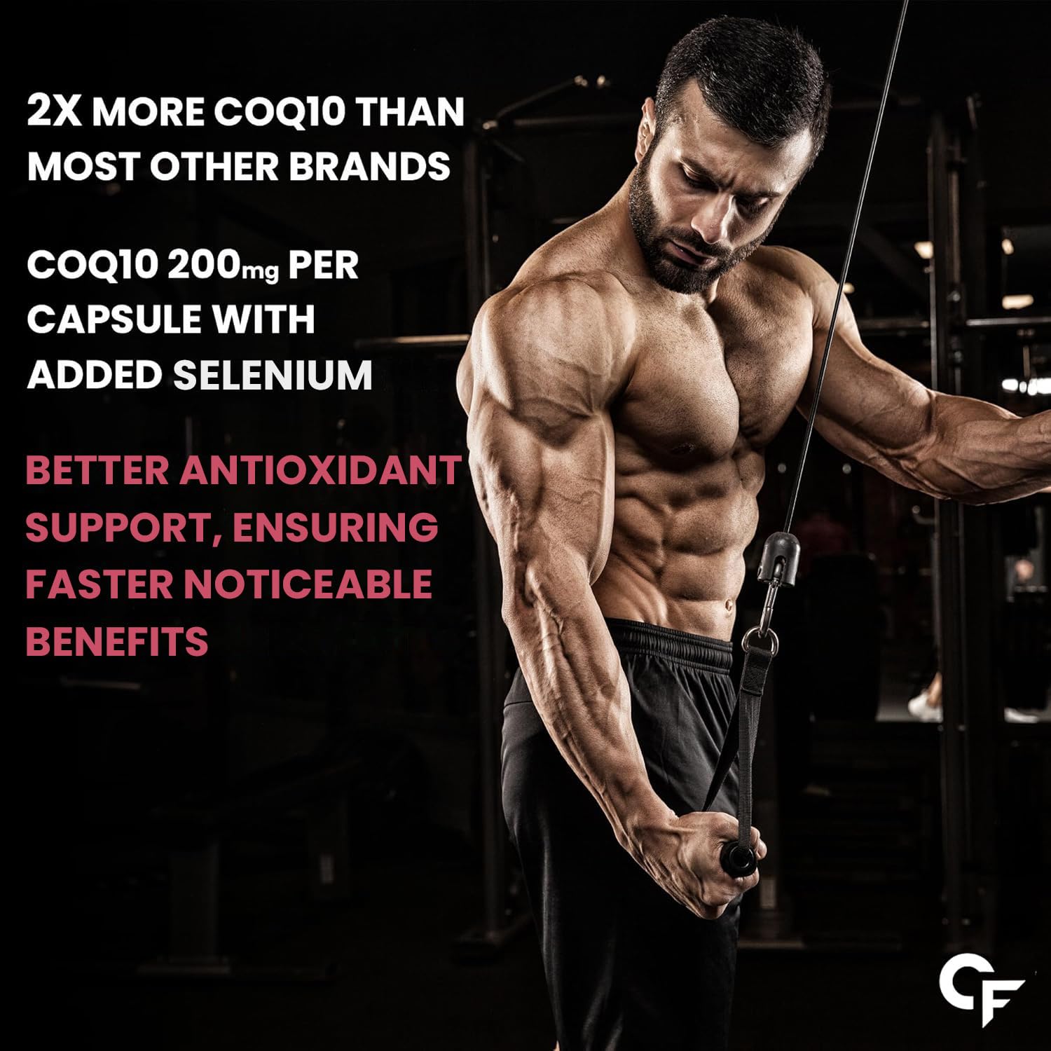 Muscular man exercising with fitness supplement advertisement text on a dark background