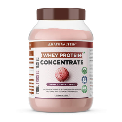Whey protein concentrate container with a white label on a white background