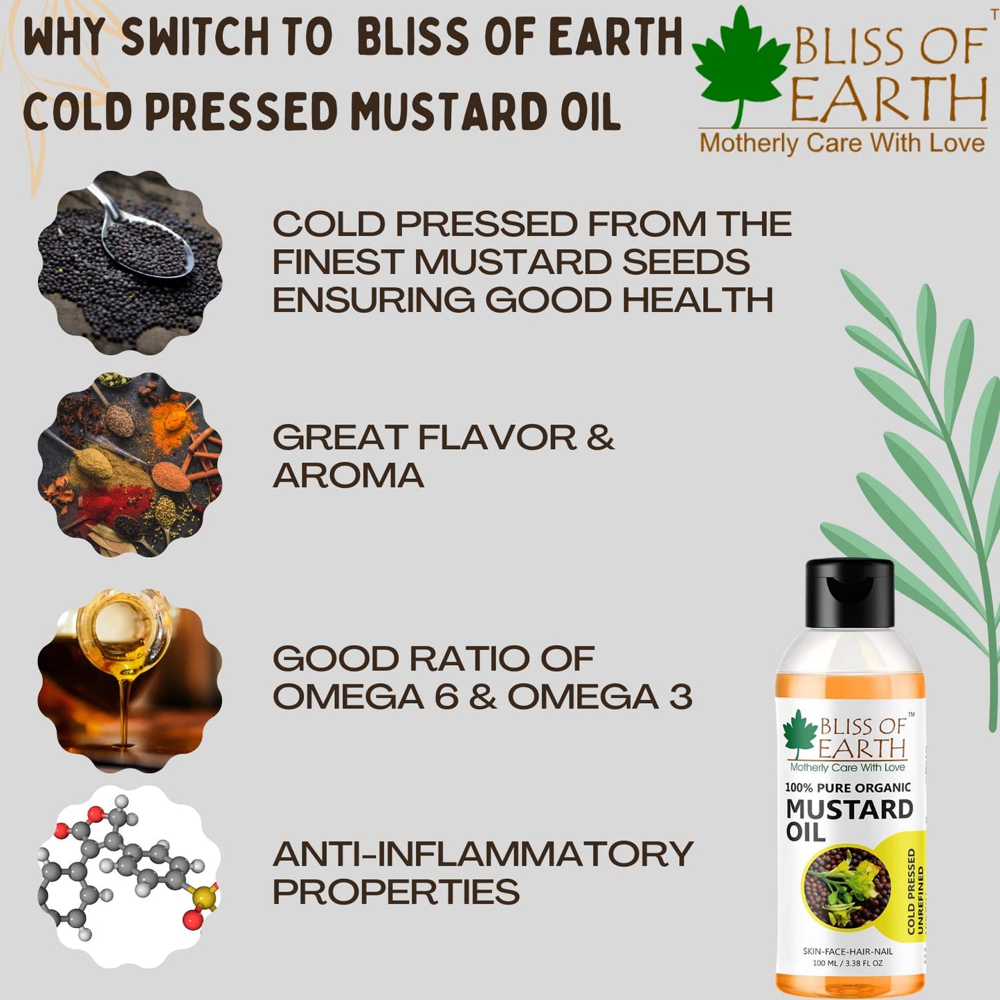 Bliss of Earth Mustard Oil for Hair, 100% Pure Organic & Hexane Free, Organic Mustard Oil, Cold Pressed, Baby-Friendly, Antibacterial, 100ml,