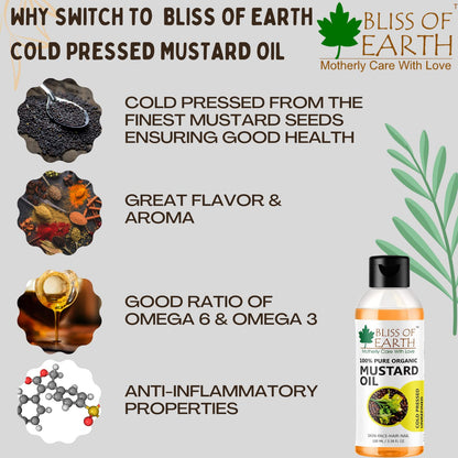 Bliss of Earth Mustard Oil for Hair, 100% Pure Organic & Hexane Free, Organic Mustard Oil, Cold Pressed, Baby-Friendly, Antibacterial, 100ml,
