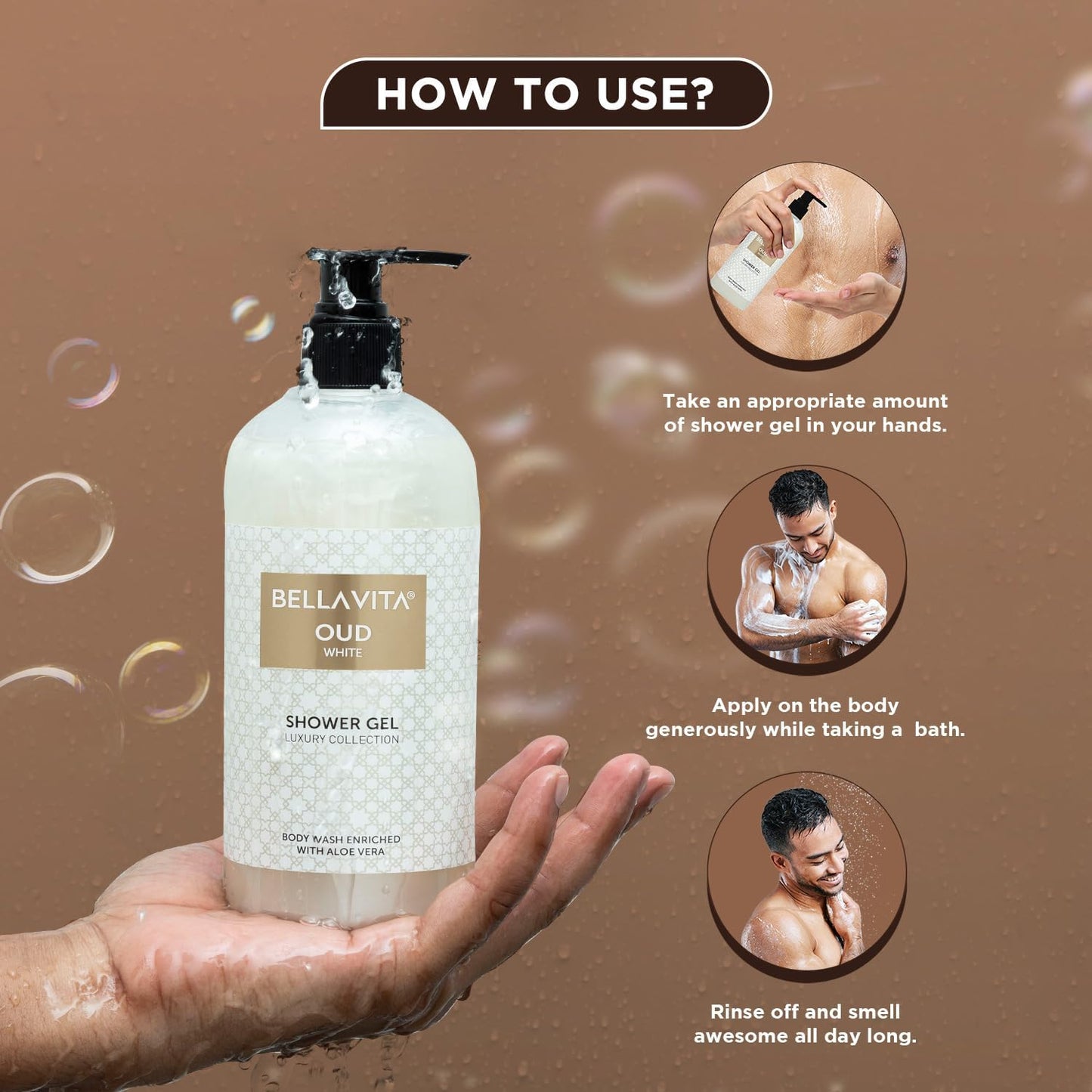 Bella Vita Luxury OUD WHITE Body Wash Shower Gel for Women & Men | 500ml | Unisex Bodywash with Aloe Vera Extract | Deep Cleansing, Hydrating, Moisturising | Suitable for All Skin Types