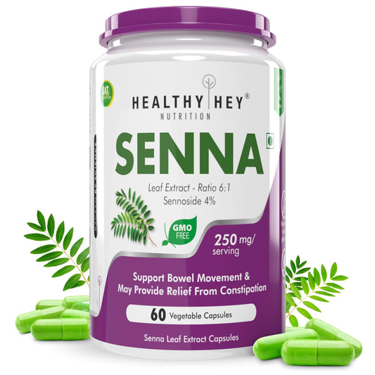 Senna supplement container with green leaves and capsules on a white background