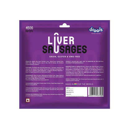 Drools Adult & Puppy Sausage for Dog, 450g | Liver Flavour | High Protein | Treat & Food Topper | Grain Free | Best for Training & Bonding | No Preservatives
