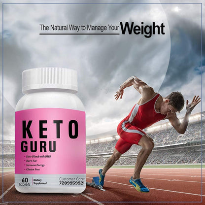 Keto Guru supplement bottle with a runner on a track in the background