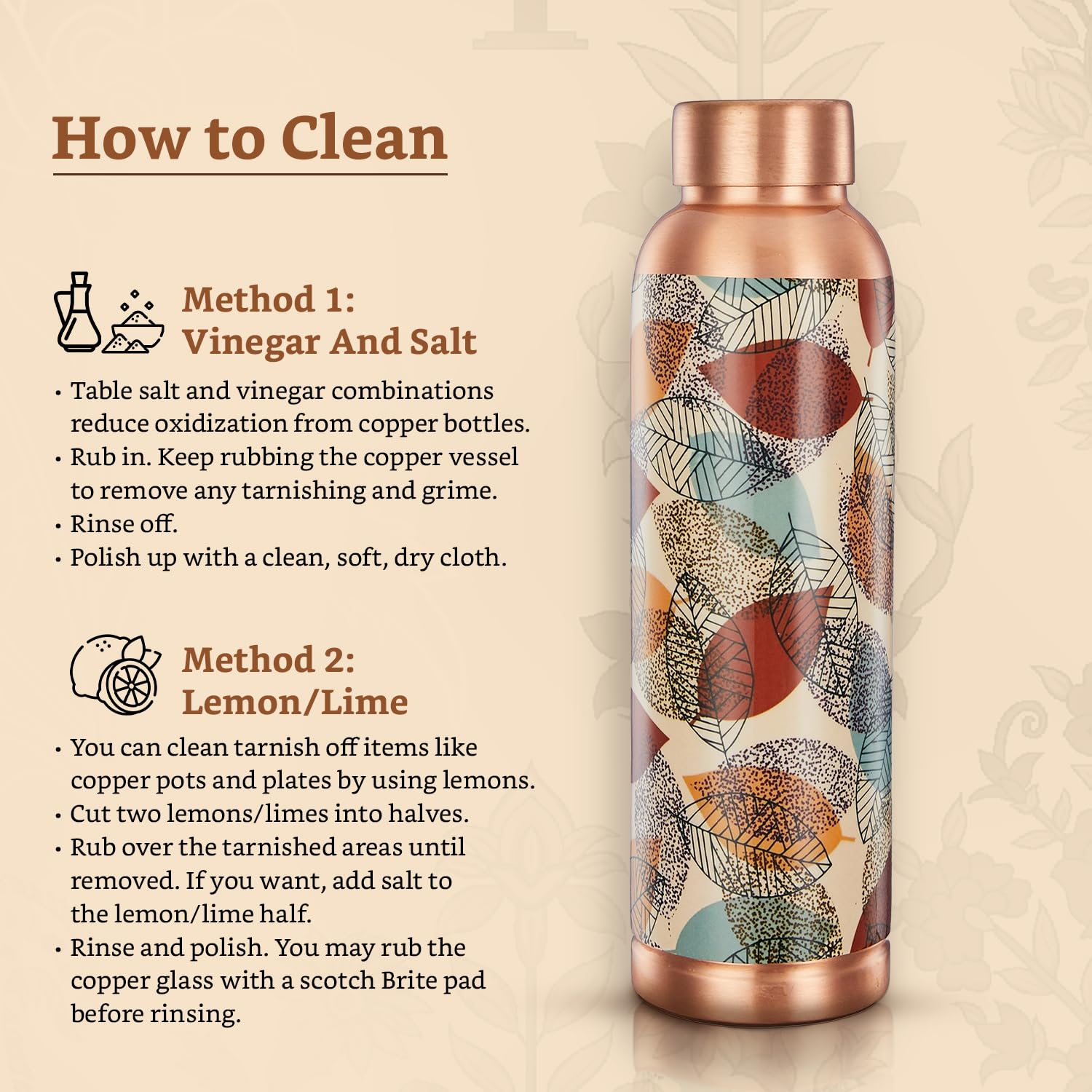 Copper water bottle with decorative pattern on a beige background with cleaning instructions.