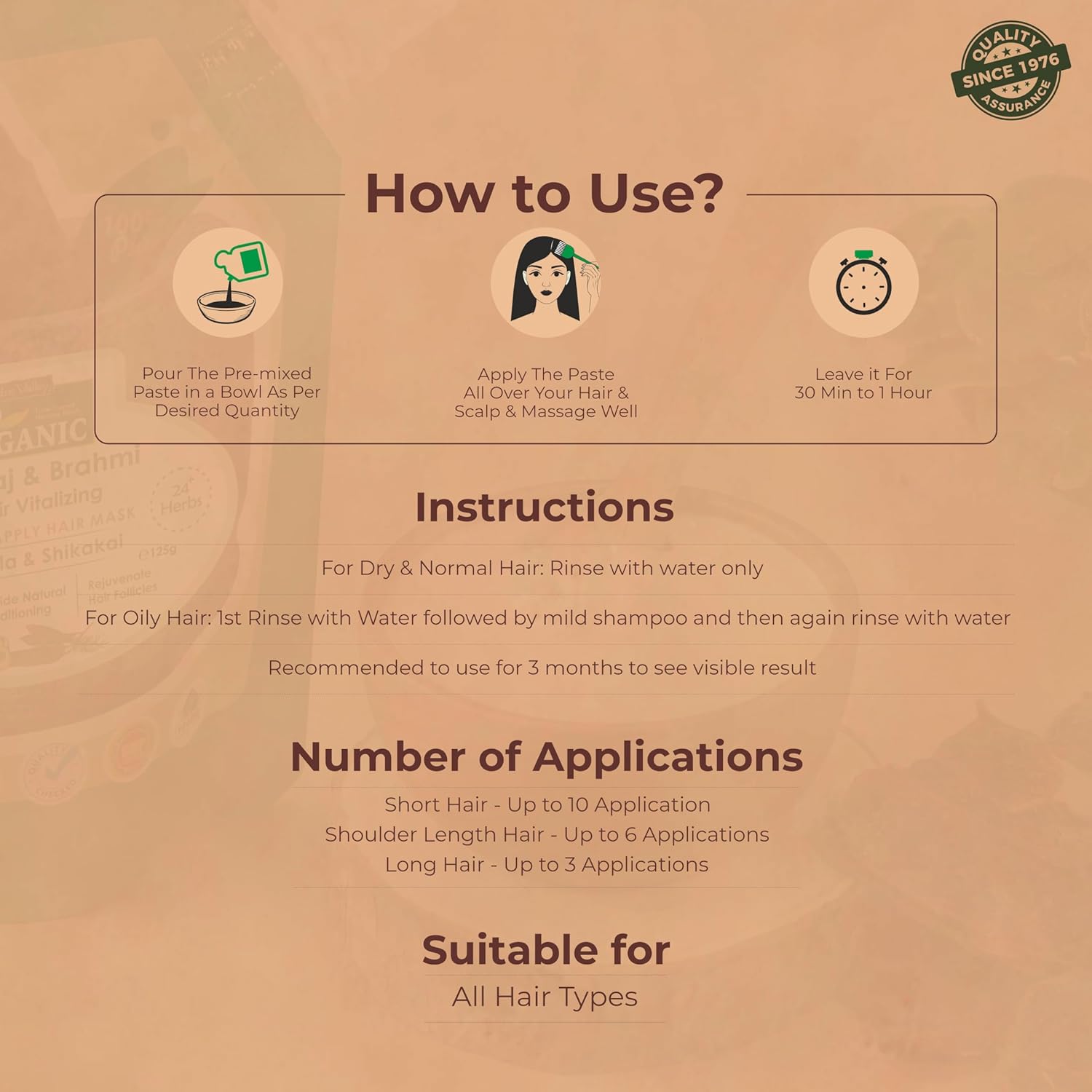 Instructions for using a hair care product on a brown background with a brand logo.