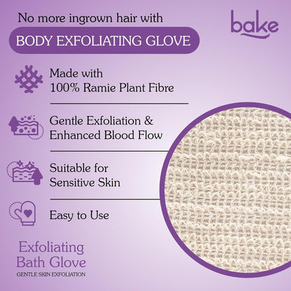 BAKE Exfoliating Bath Glove for Dead Skin, Tan Removal, Strawberry Skin, Body Acne & Ingrown Hair | 100% Ramie Plant Fibre, Body Exfoliator for Dry Patches | For Men & Women | 1 Glove (20g)