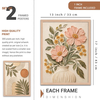 Floral Wall Art Home Decoration | Aesthetic Floral Paintings With Frame For Living Room Bed Room Hotel Wall Decor Digital Reprint Set of 2 (13X17 inch)