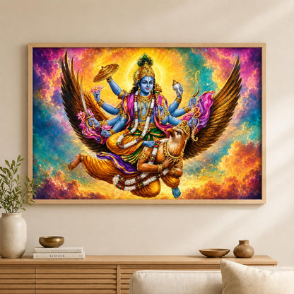 Lord Vishnu Garuda Vastu Devotional Wall Painting for Living Room Bedroom Hall Office Decor, Hindu Spiritual Artwork, Premium Wooden Synthetic Frame (13.5 x 19.5 Inch) NM01-V-165