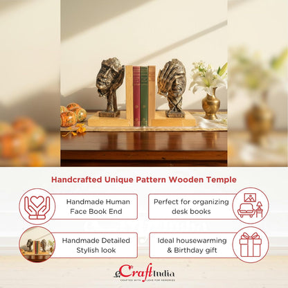 eCraftIndia Wooden Book End with Resin Handmade Human Face with Hand Showpieces for Home Decor Office Table | Gift for Housewarming Birthday