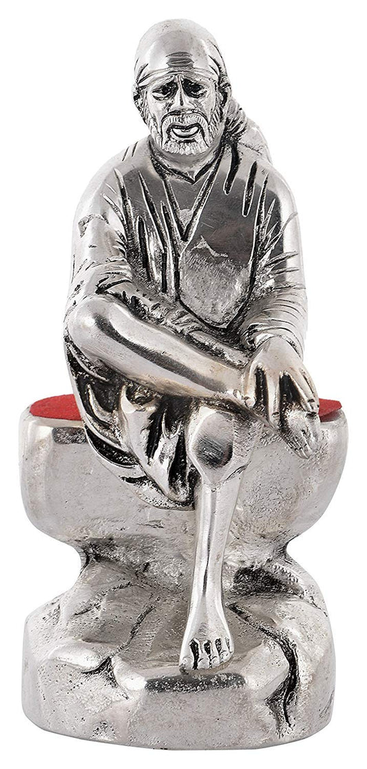 Silver Plated Sai Baba Idol (Murti) Oxidized Finish with Premium Velvet Gift Box for Gifting with 1 Year Warranty (16H x 7W x 5.5L Centimeters)